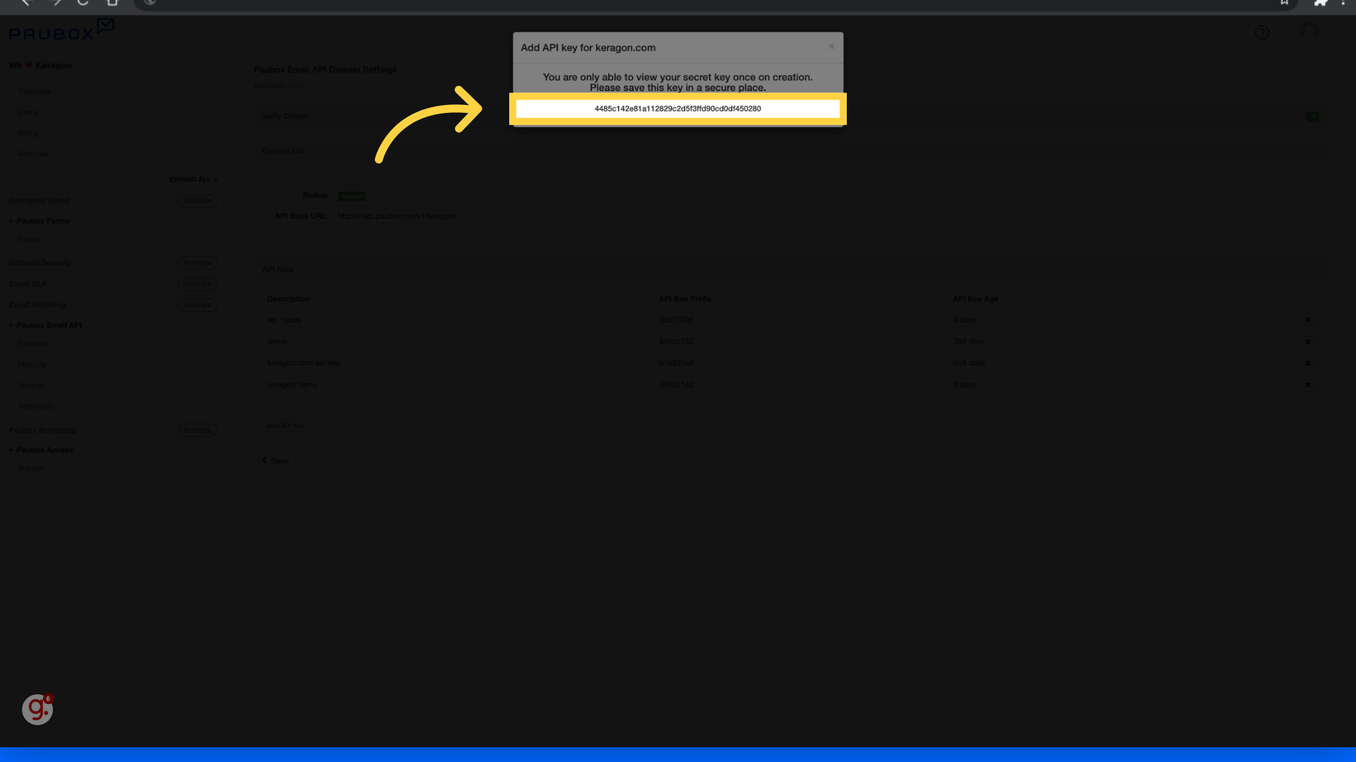Select and copy api key. Paste it on your Keragon authentication