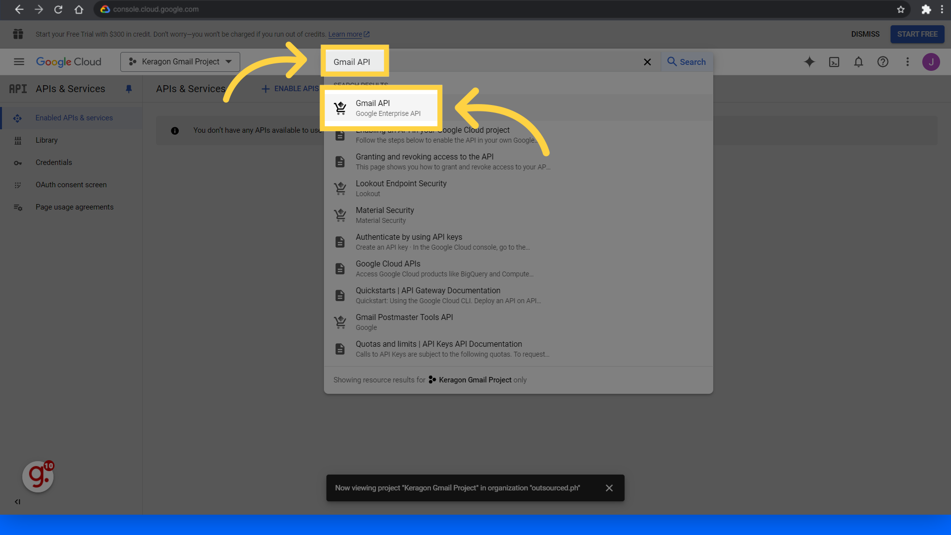 Search 'Gmail API' and select it from the dropdown