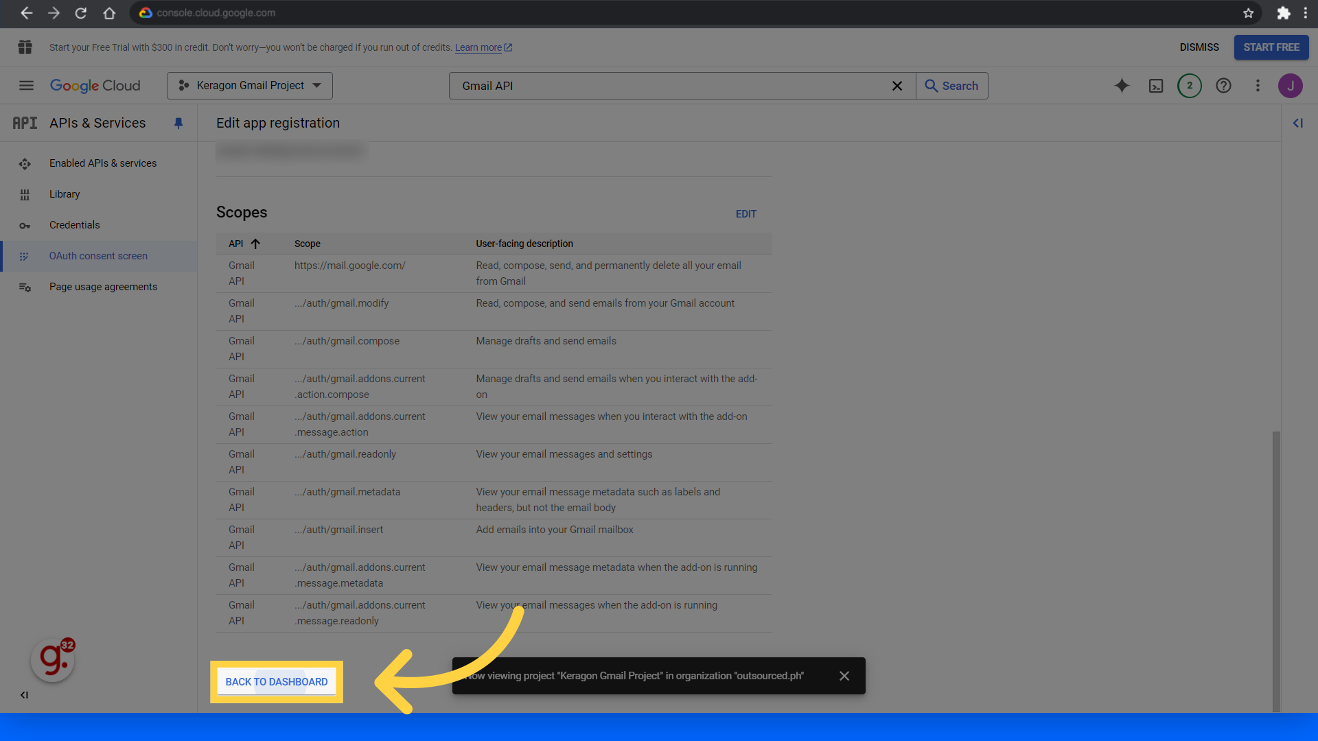 Click 'Back to dashboard'