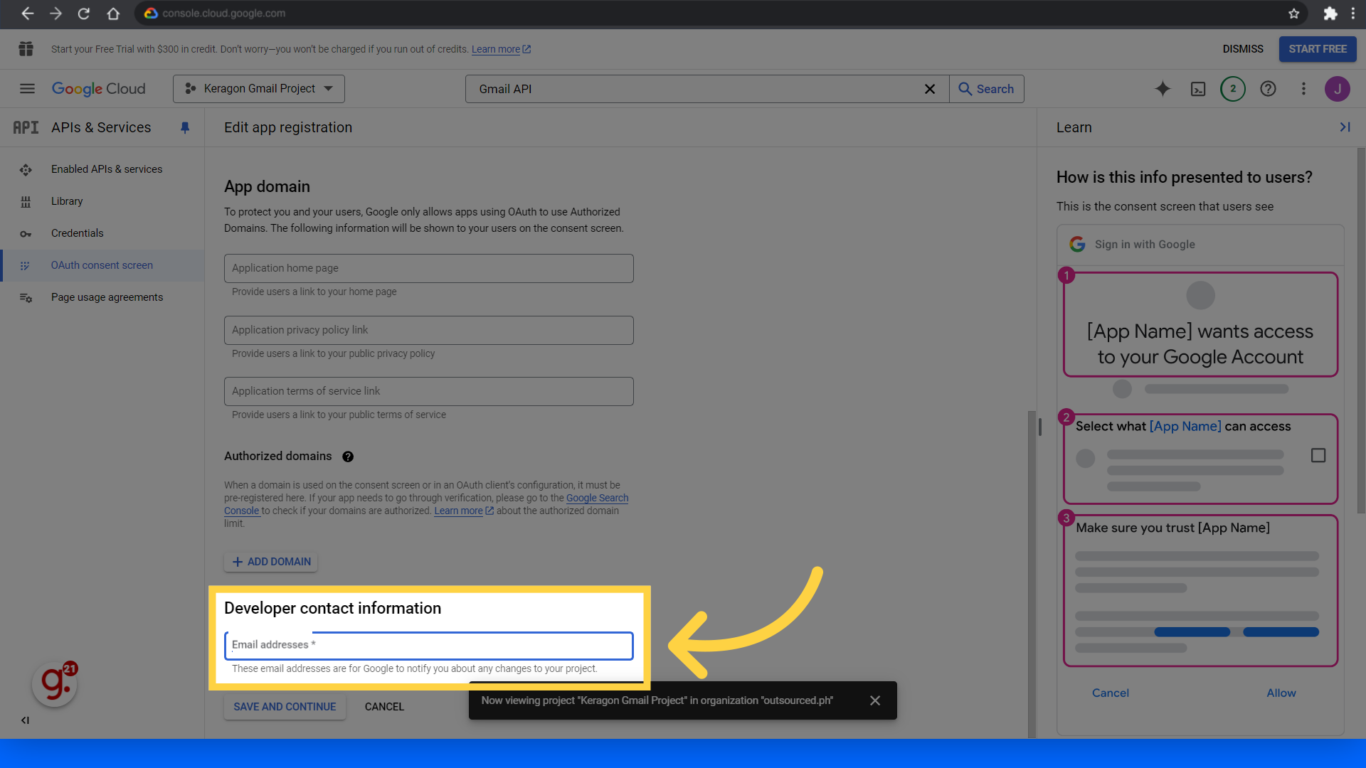 Add an email address under Developer contact information