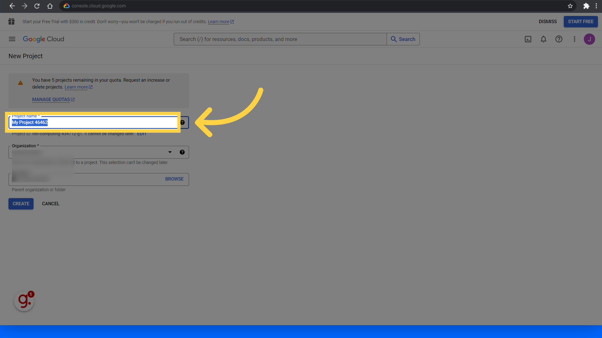 Fill in the 'Project name' field