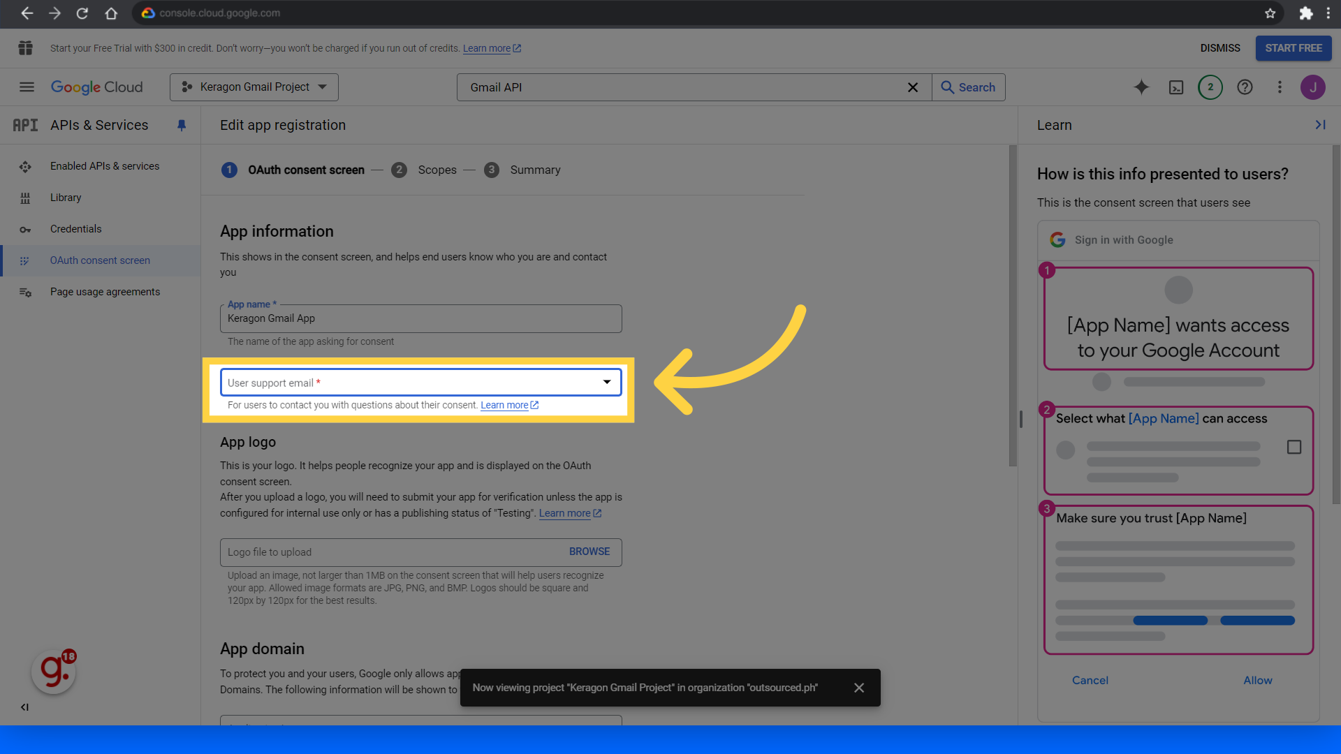 Set the User support email field