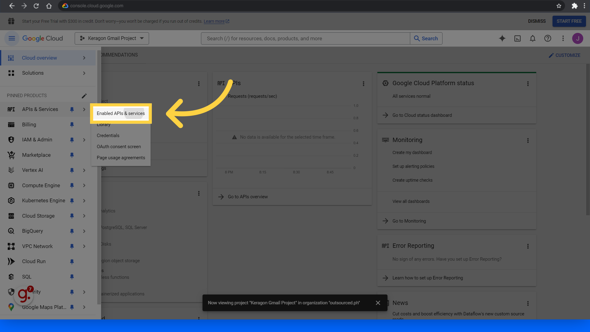 Click 'Enabled APIs & services'