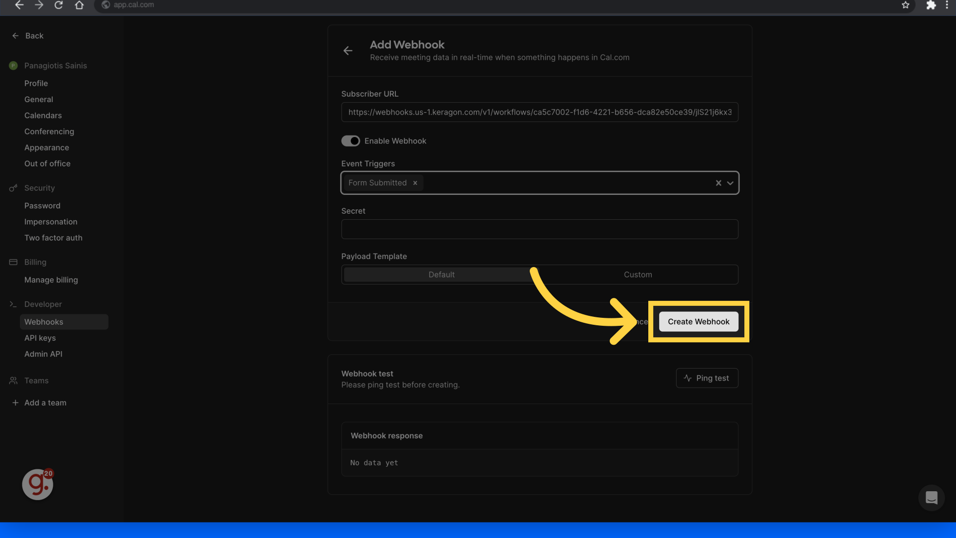 Click 'Create Webhook'