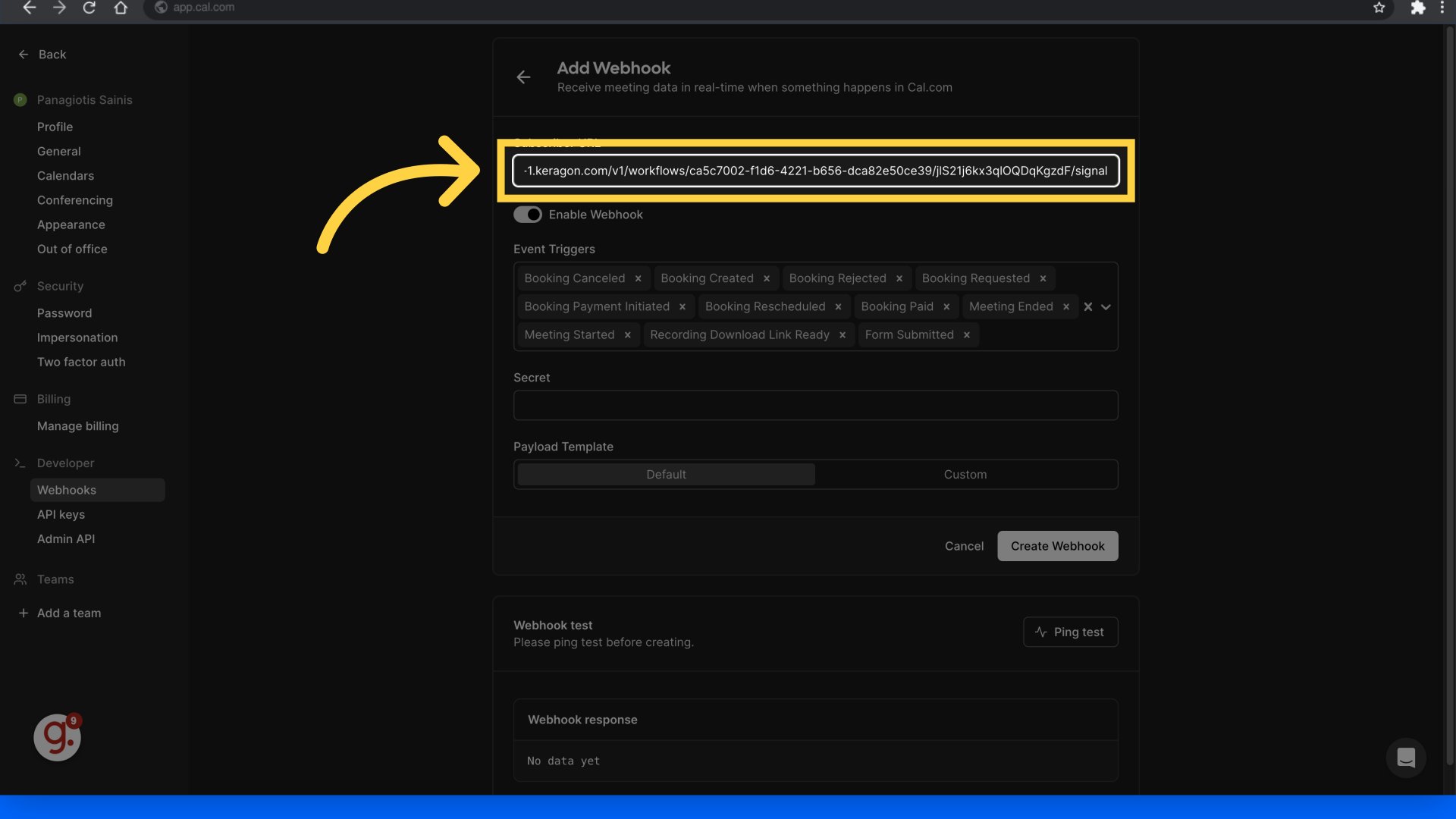 Paste the webhook URL
