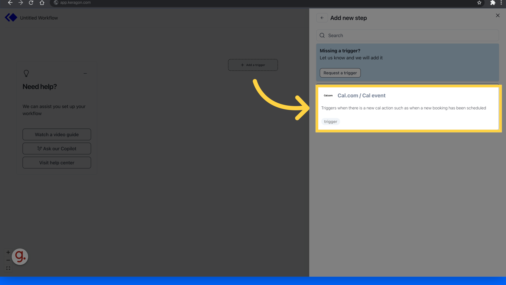 Select the 'Cal.com/Cal event' in the 'Add new step' menu