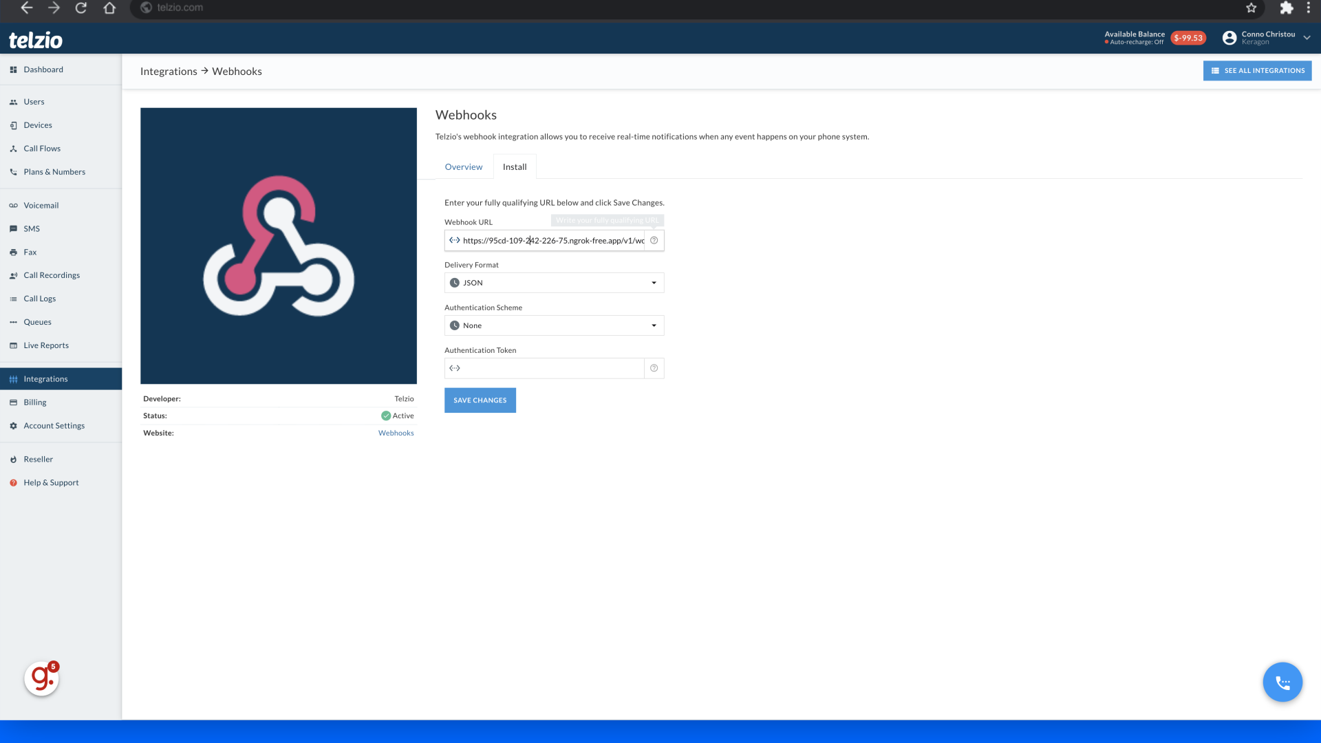 Switch to https://telzio.com/integrations/webhooks