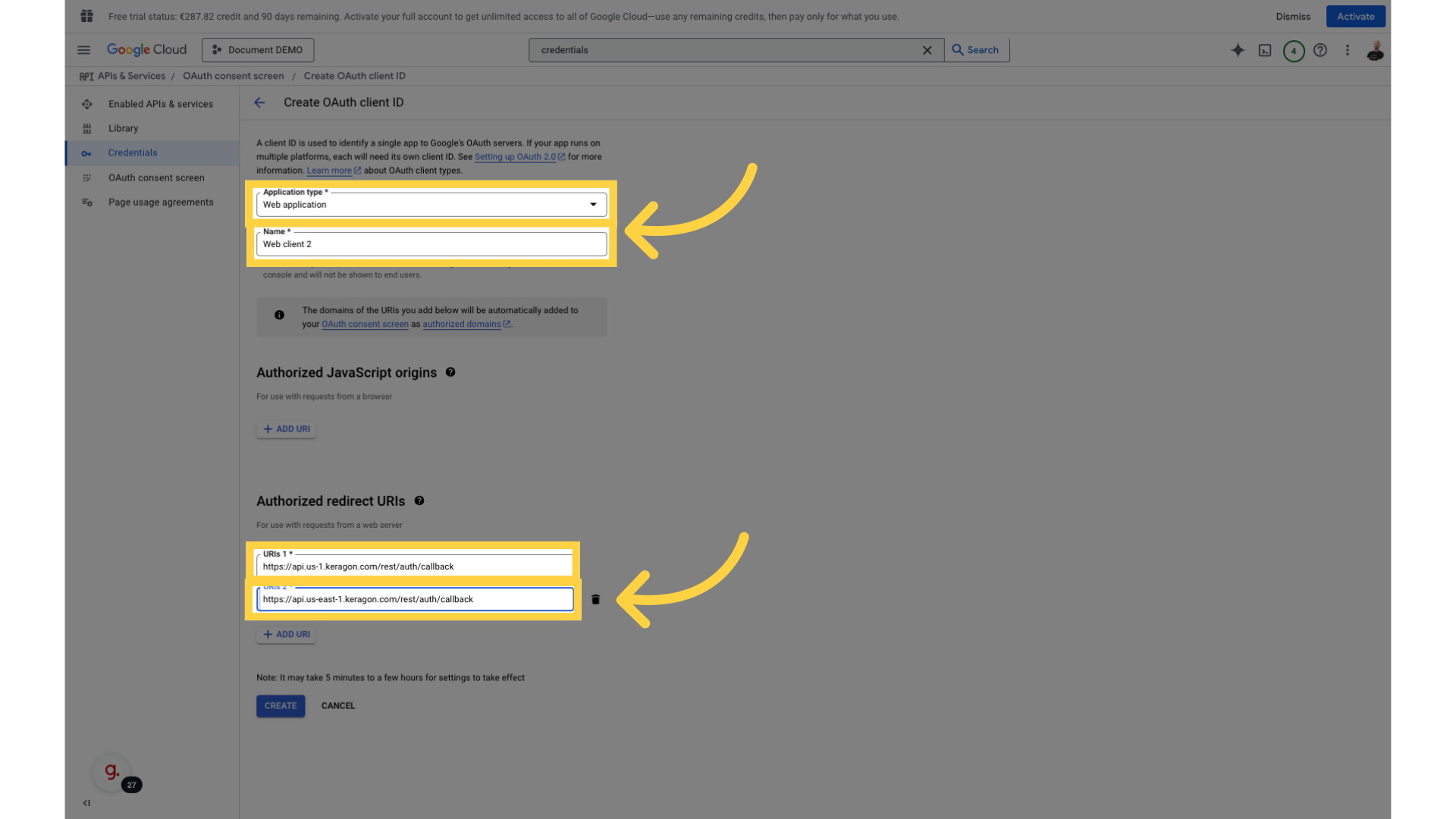 Fill form, add Keragon URIs and click 'Create'