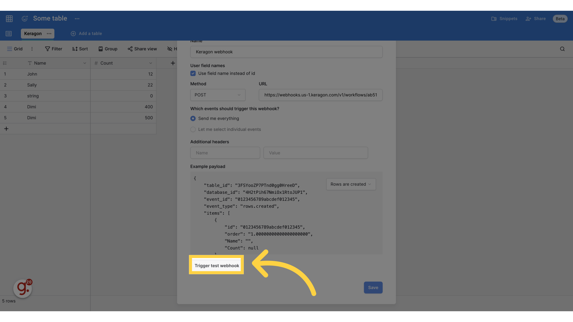 Click 'Trigger test webhook'