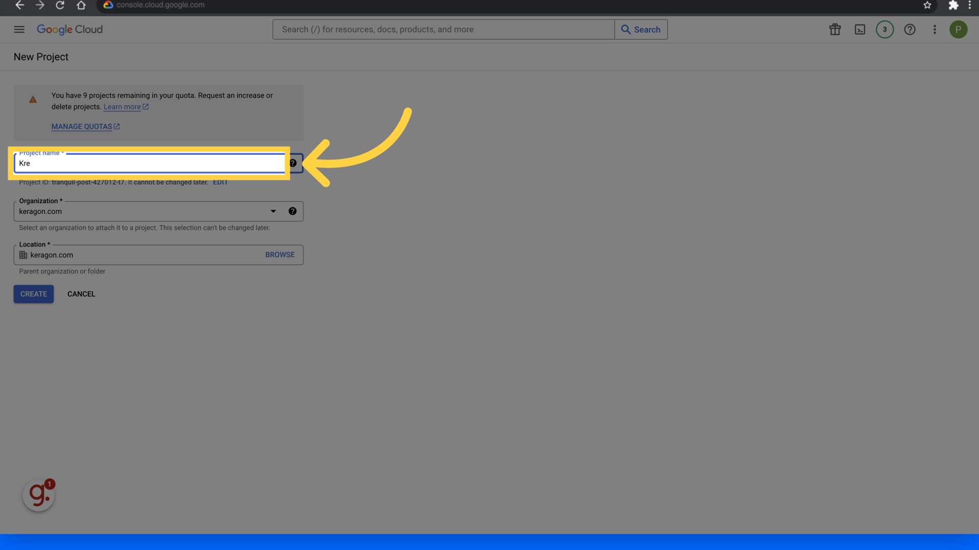 Fill in the 'Project name' field