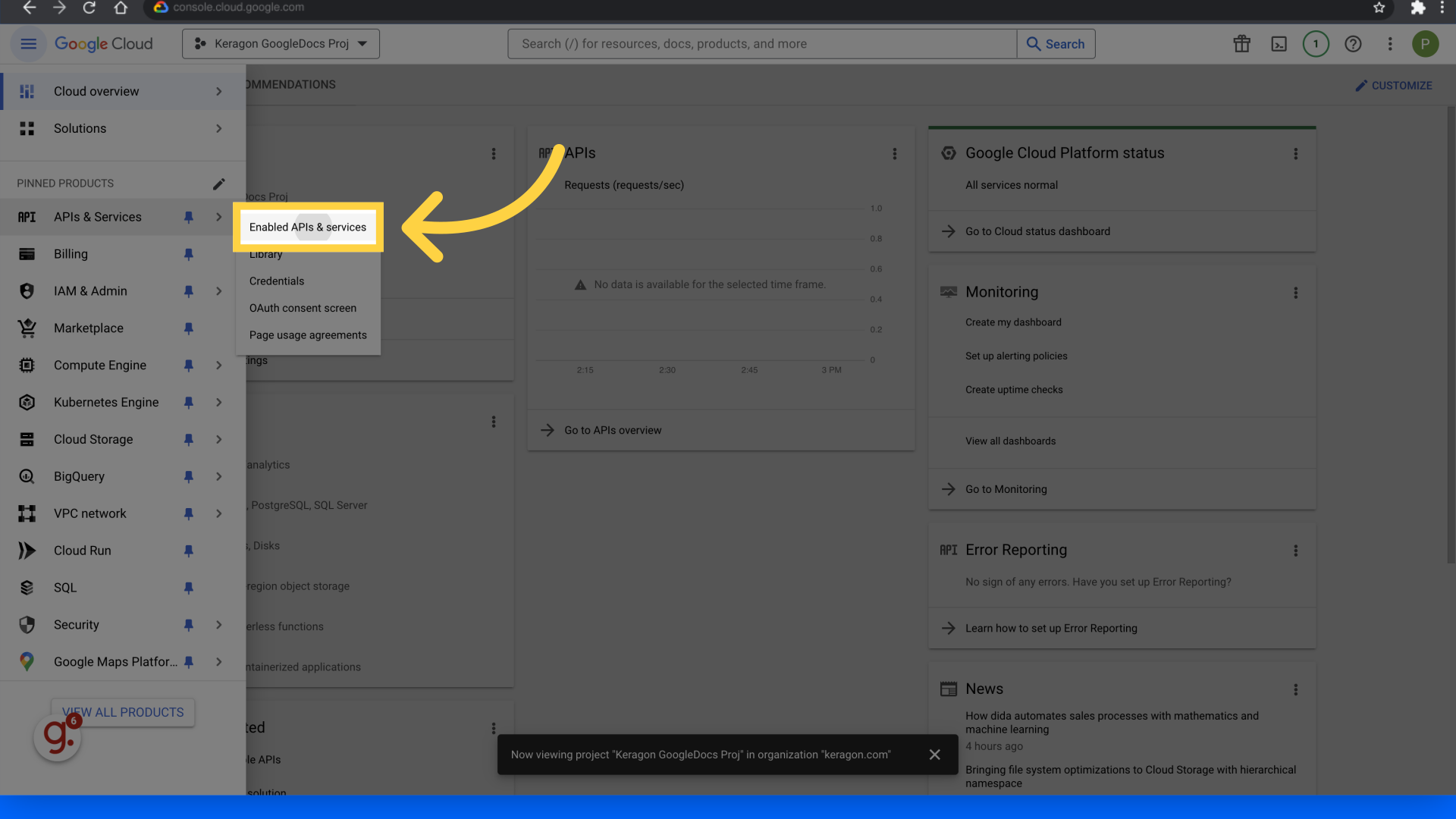 Click 'Enabled APIs & services'