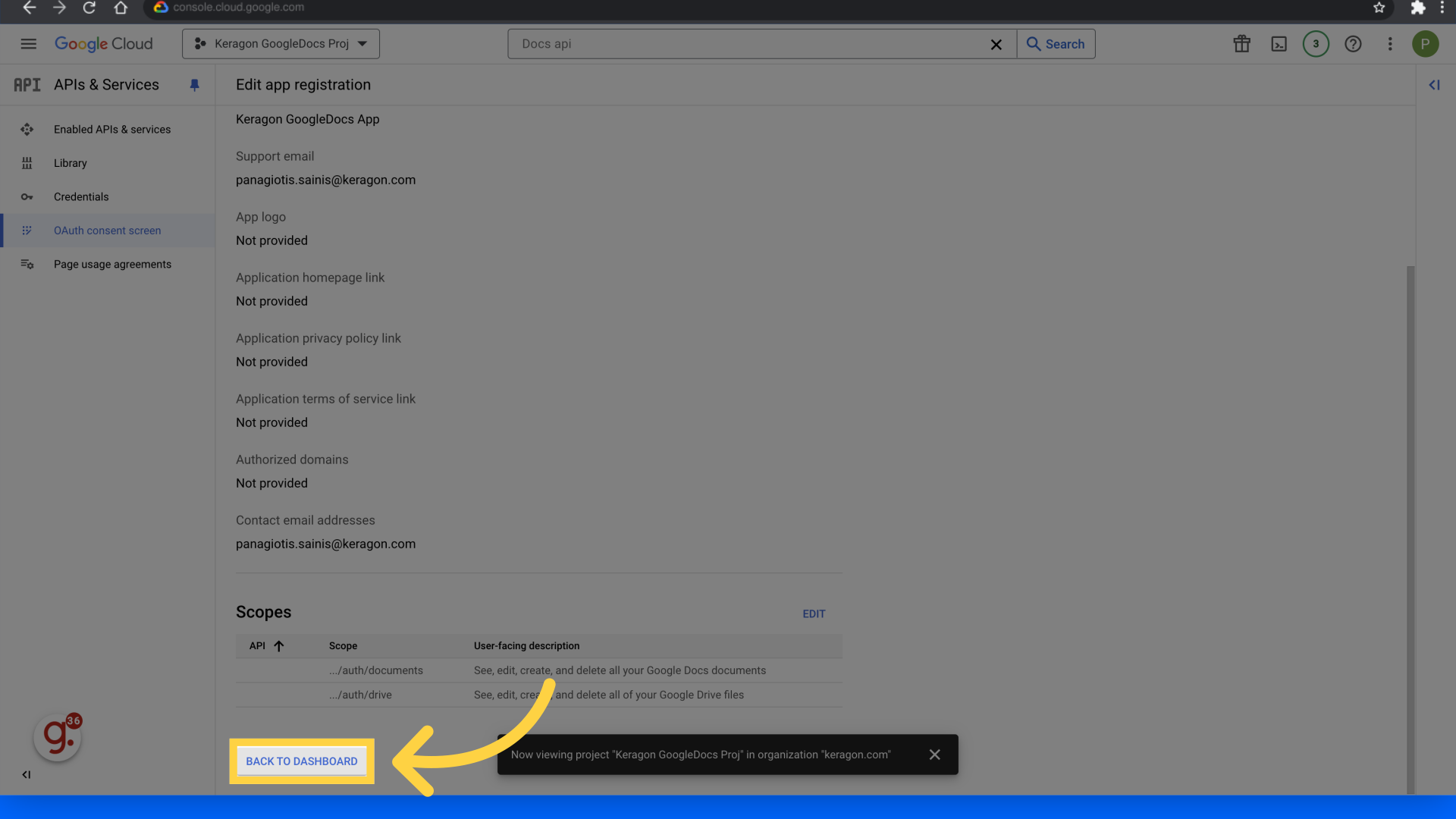 Click 'Back to dashboard'