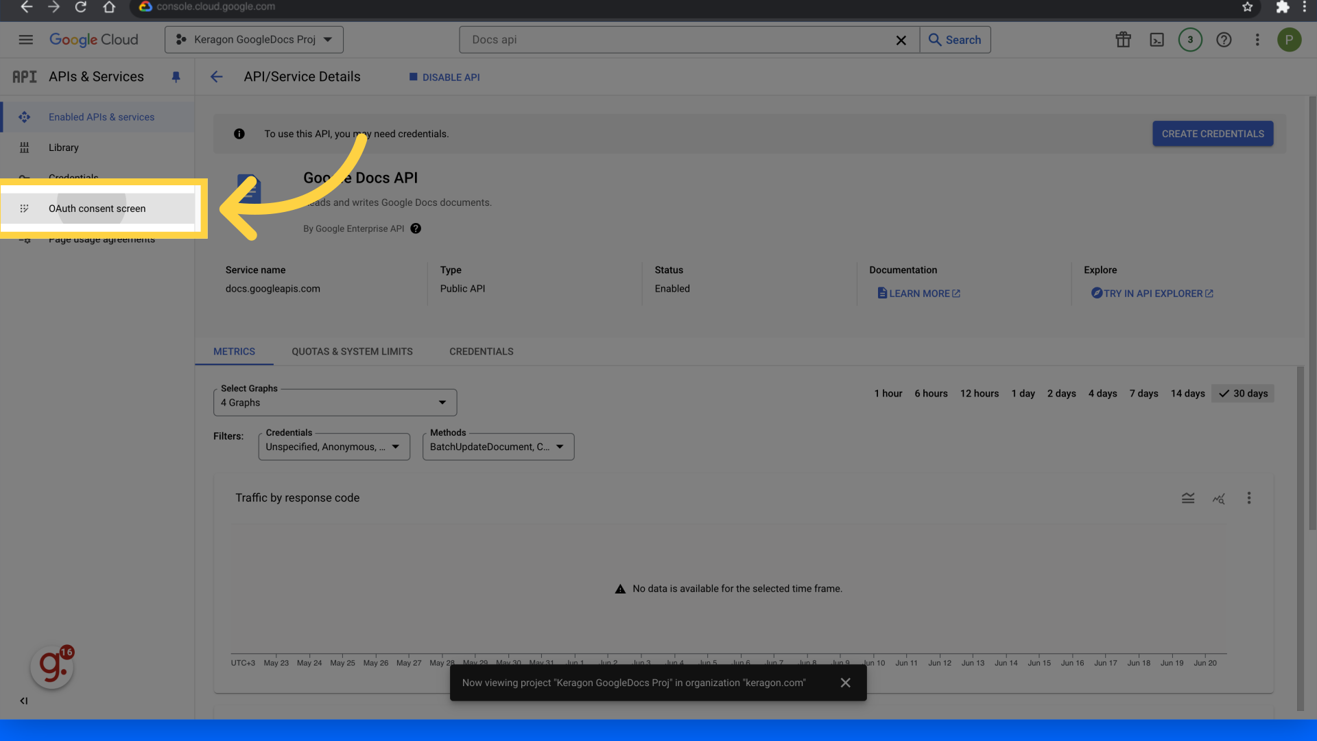 Click 'OAuth consent screen'