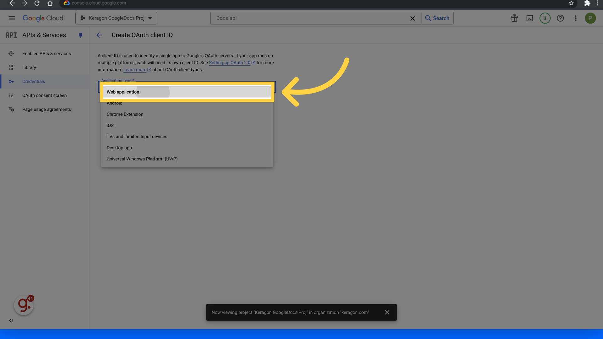 Click 'Web application'