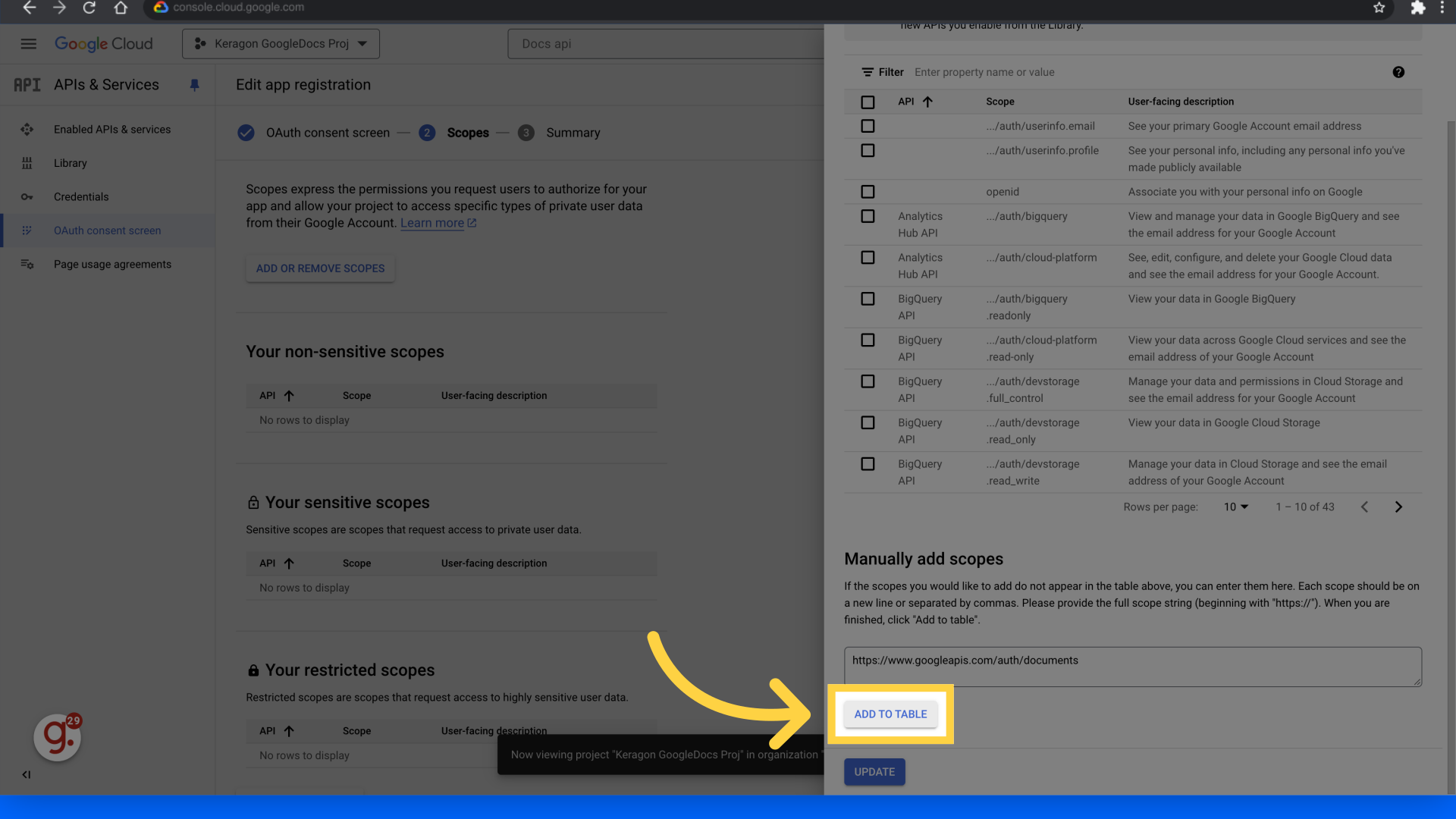 Click 'Add to table'