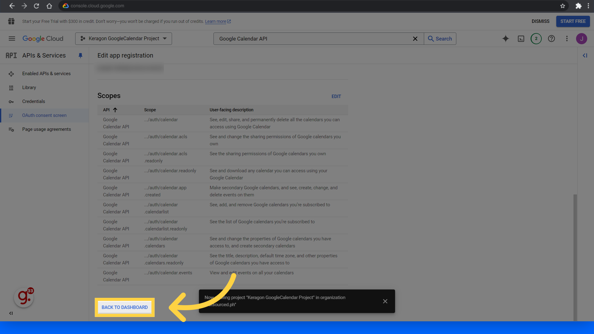 Click 'Back to dashboard'