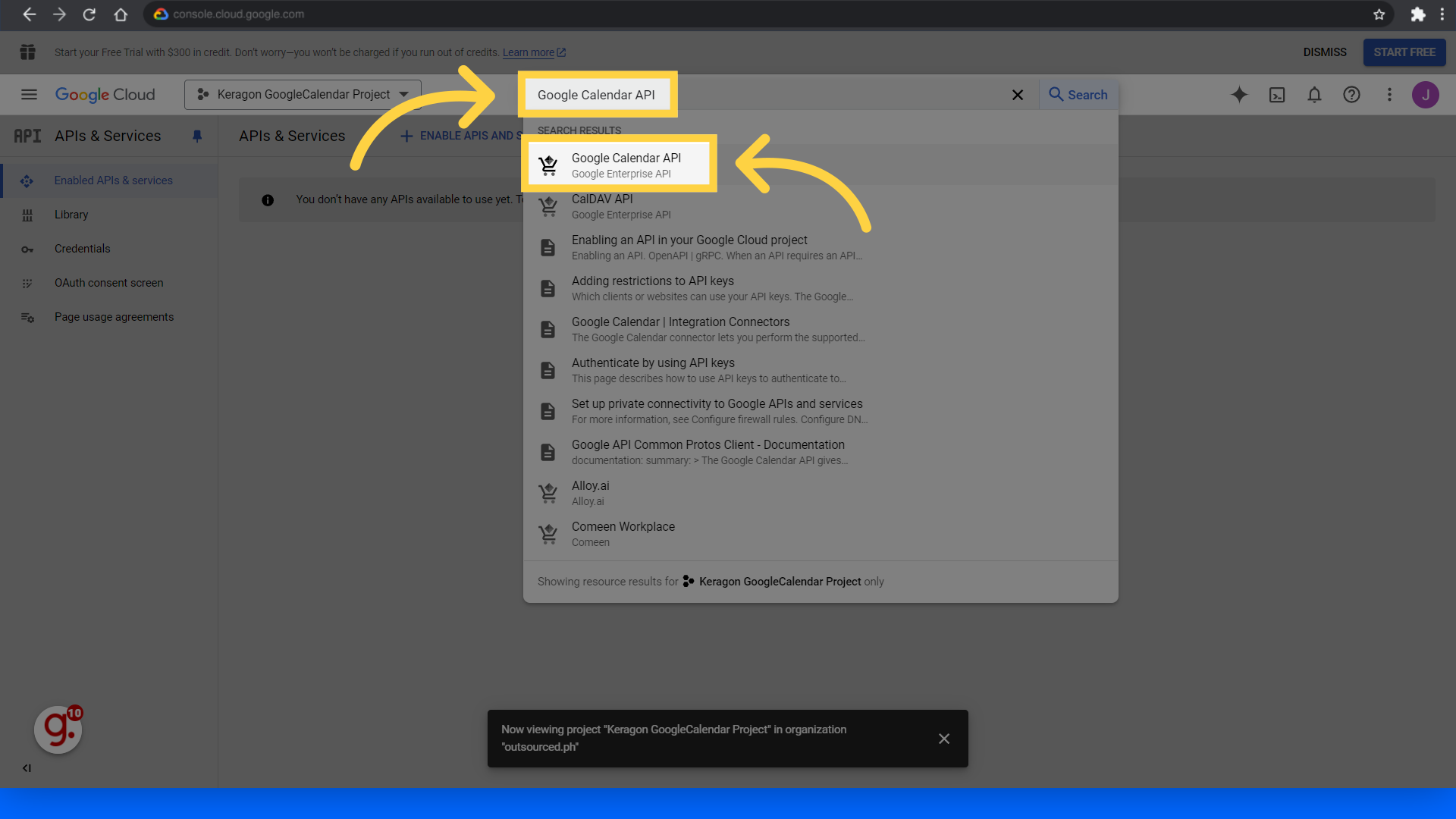 Search 'Google Calendar API' and select it from the dropdown