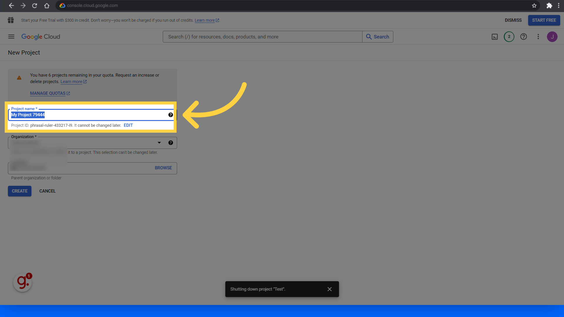 Fill in the 'Project name' field