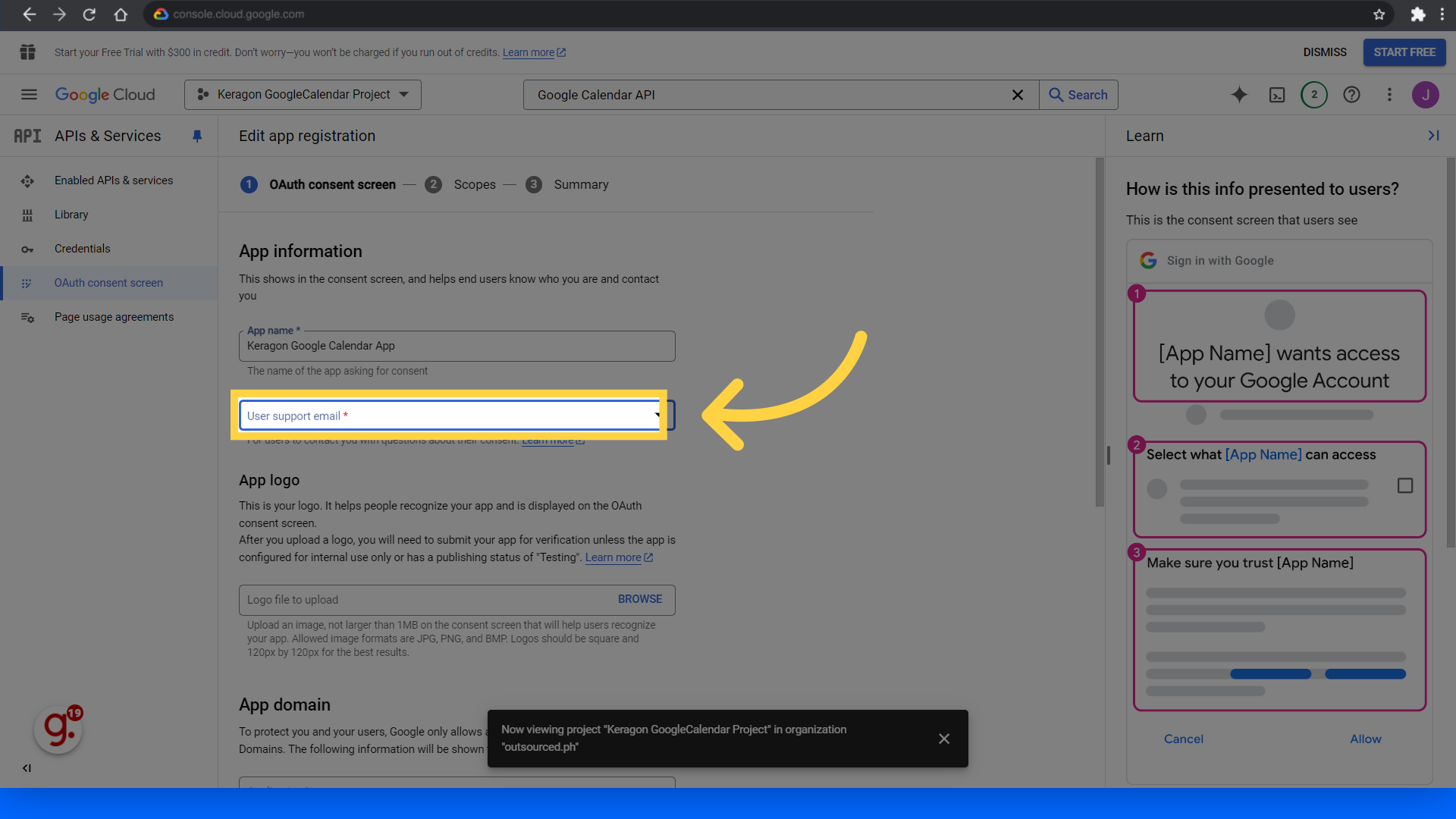 Set the User support email field