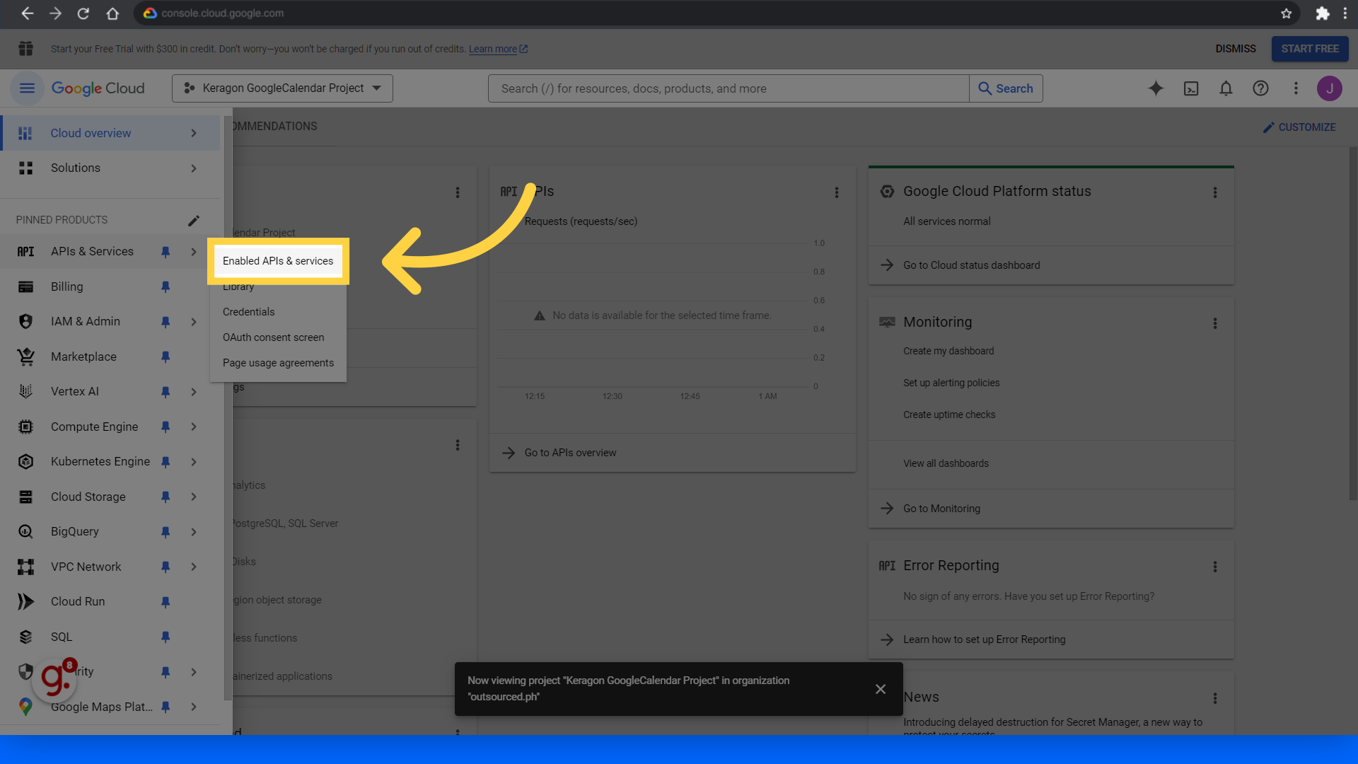 Click 'Enabled APIs & services'