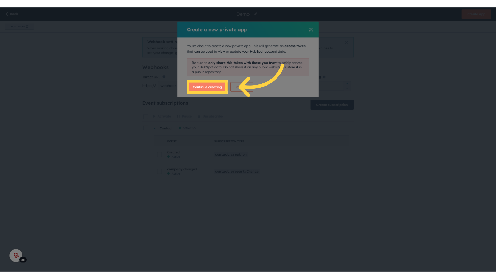 Click 'Continue creating'