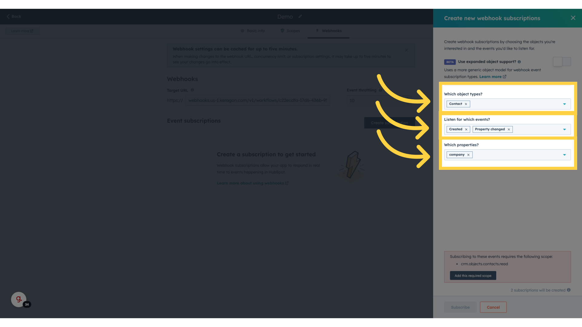 Select Object types, Events and properties