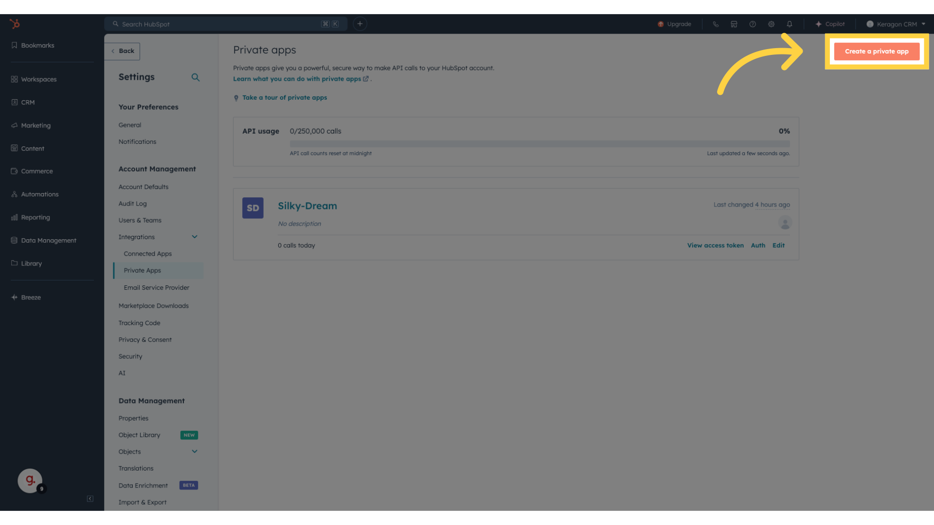 Click 'Create a private app'