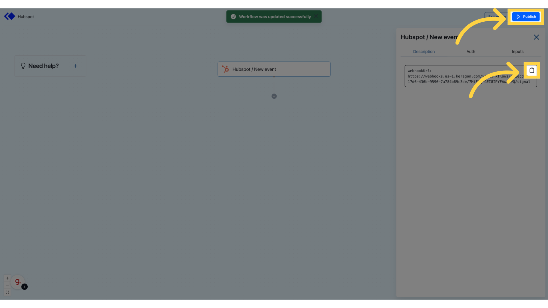 Click 'Publish' and copy webhook URL