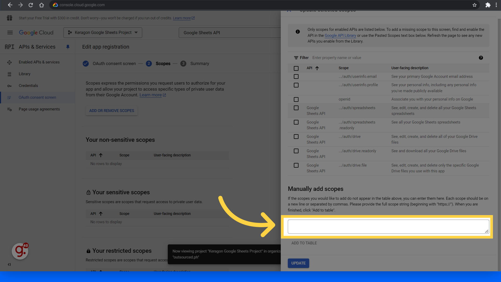 Fill 'https://www.googleapis.com/auth/spreadsheets' and 'https://www.googleapis.com/auth/drive'