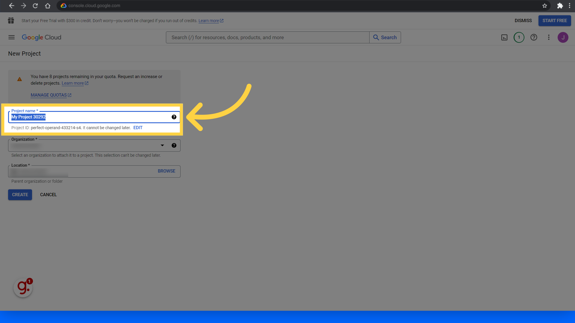 Fill in the 'Project name' field