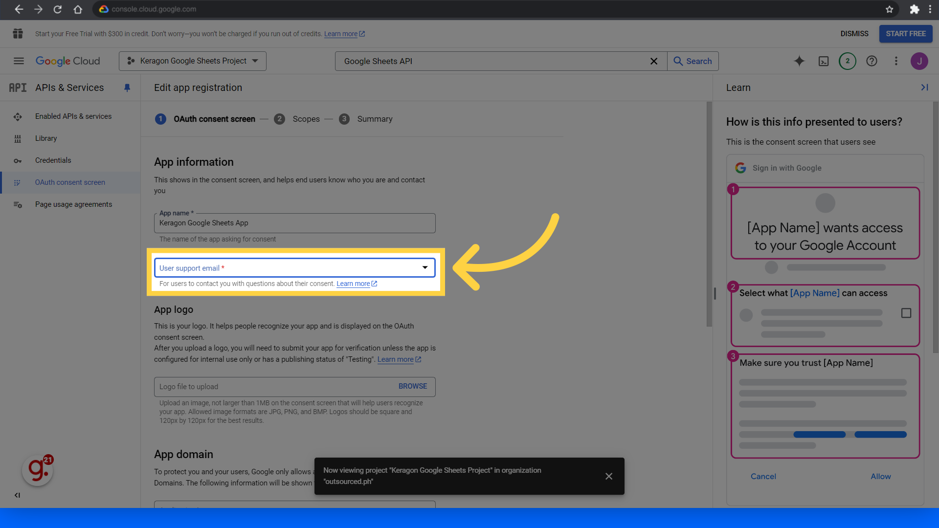 Set the User support email field