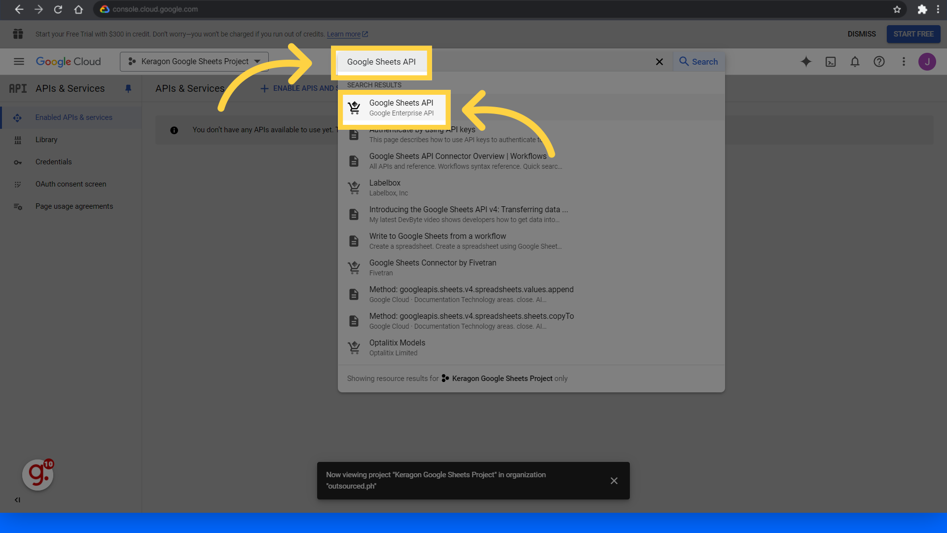 Search 'Google Sheets API' and select it from the dropdown