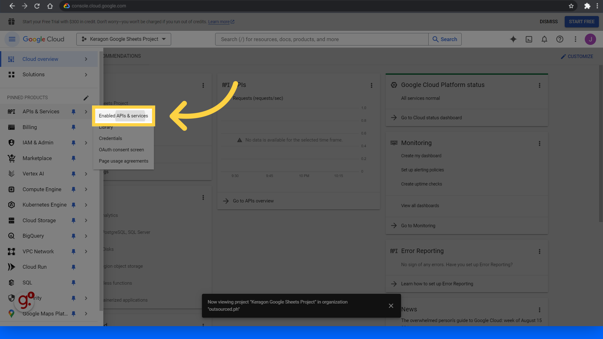 Click 'Enabled APIs & services'