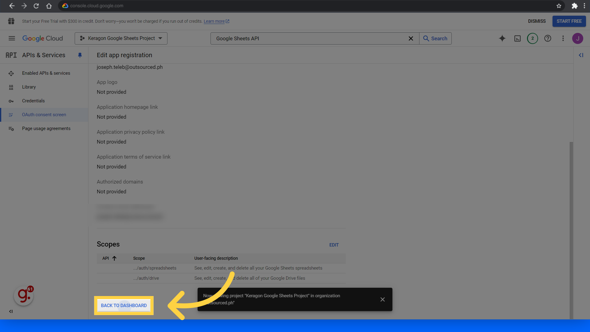 Click 'Back to dashboard'