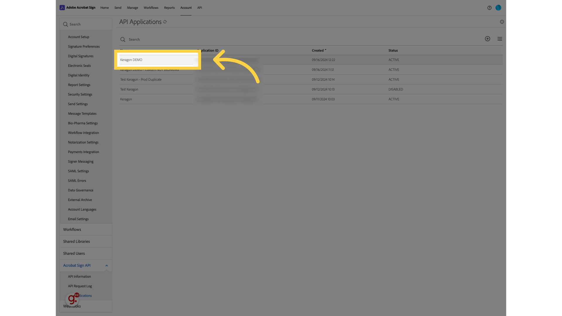 Select again created application