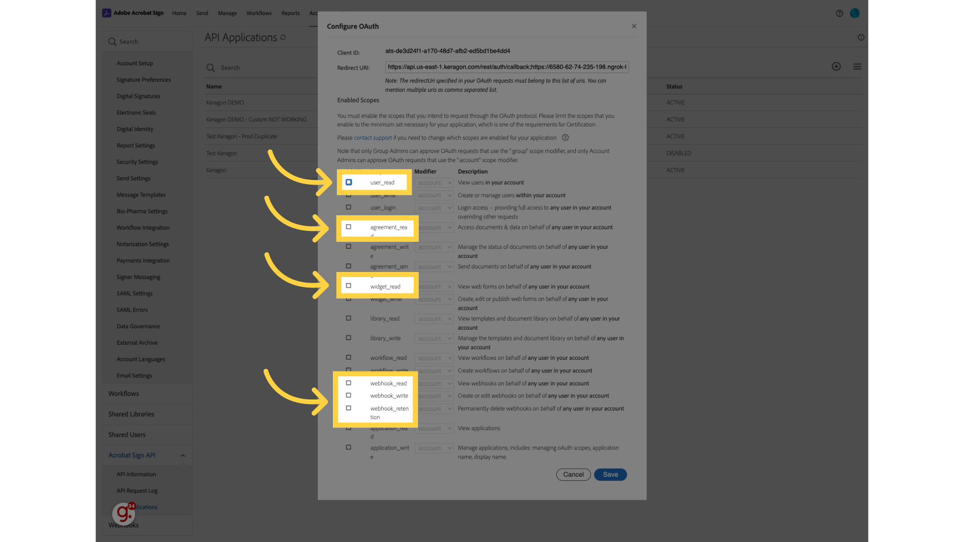 Select required scopes