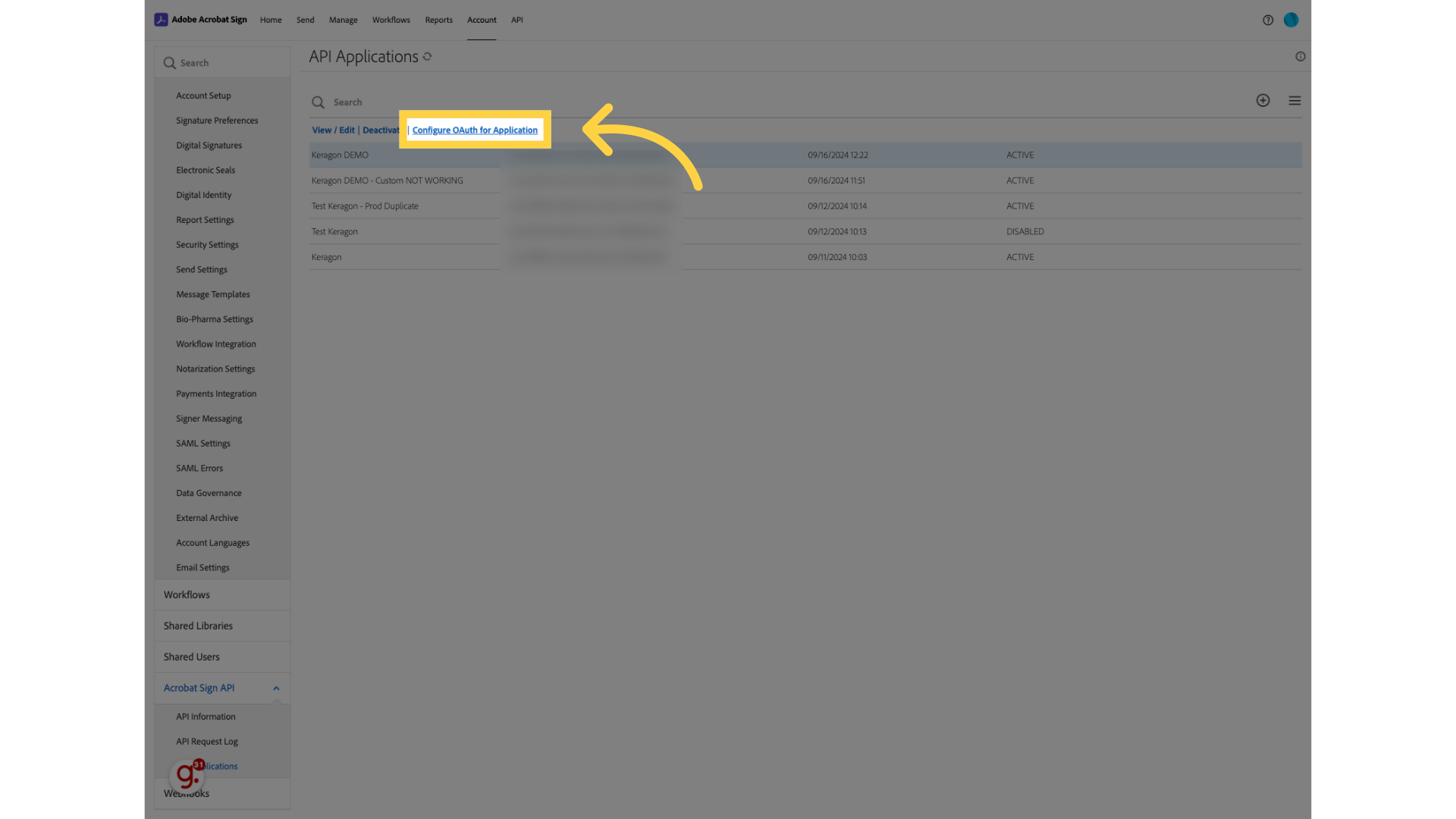 Click 'Configure OAuth for Application'
