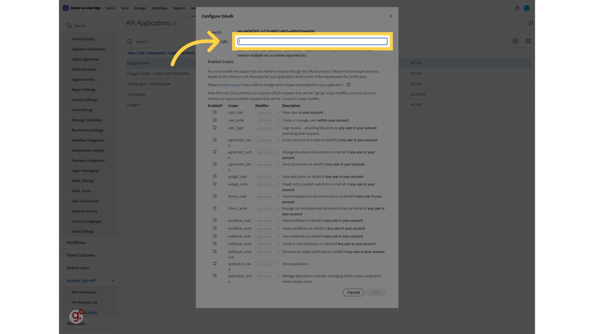 Fill 'Redirect URI' with : 
https://api.us-east-1.keragon.com/rest/auth/callback, https://api.us-1.keragon.com/rest/auth/callback