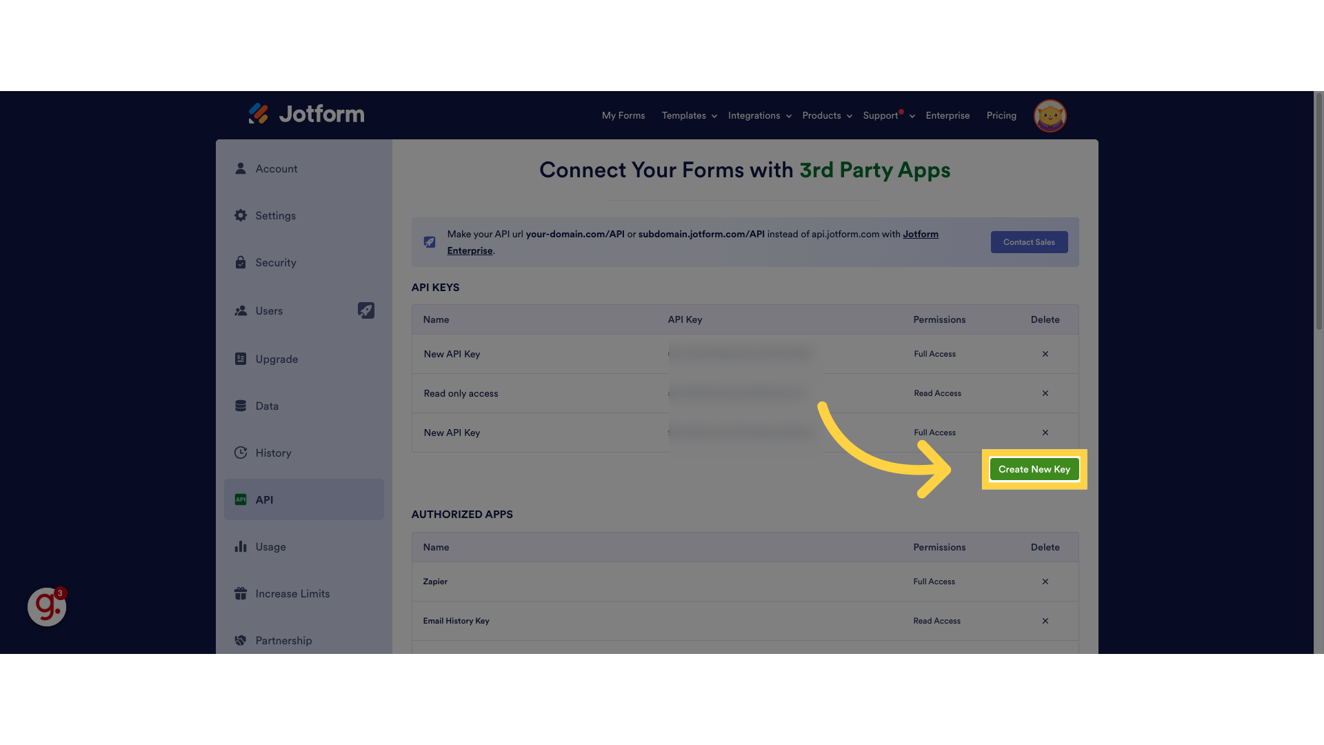 Click 'Create New Key'