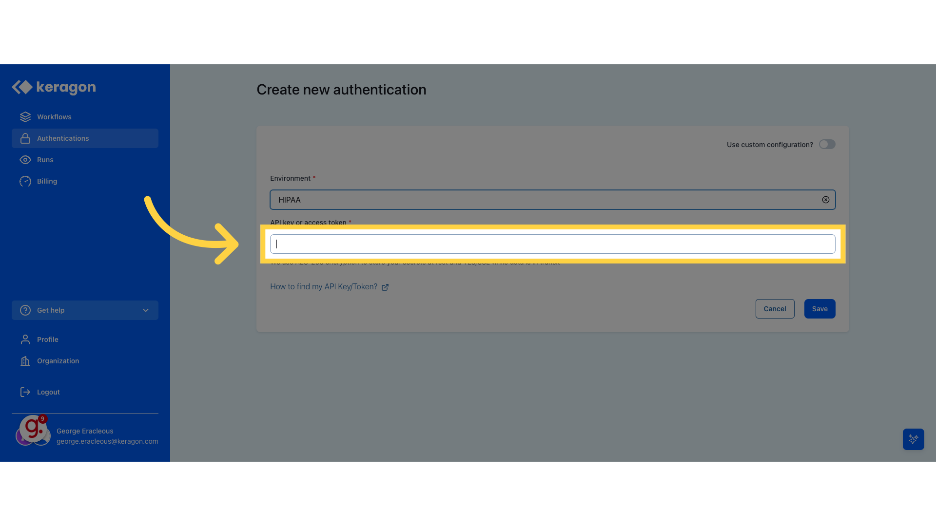 Copy your 'API key' here