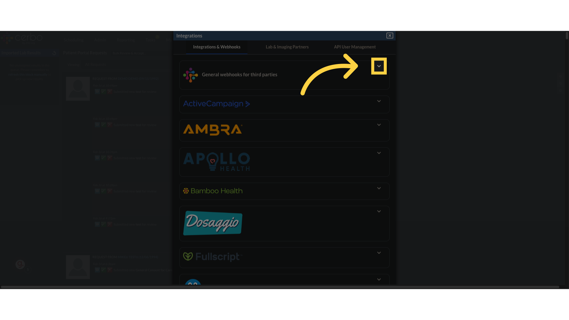 Click General webhooks for third parties