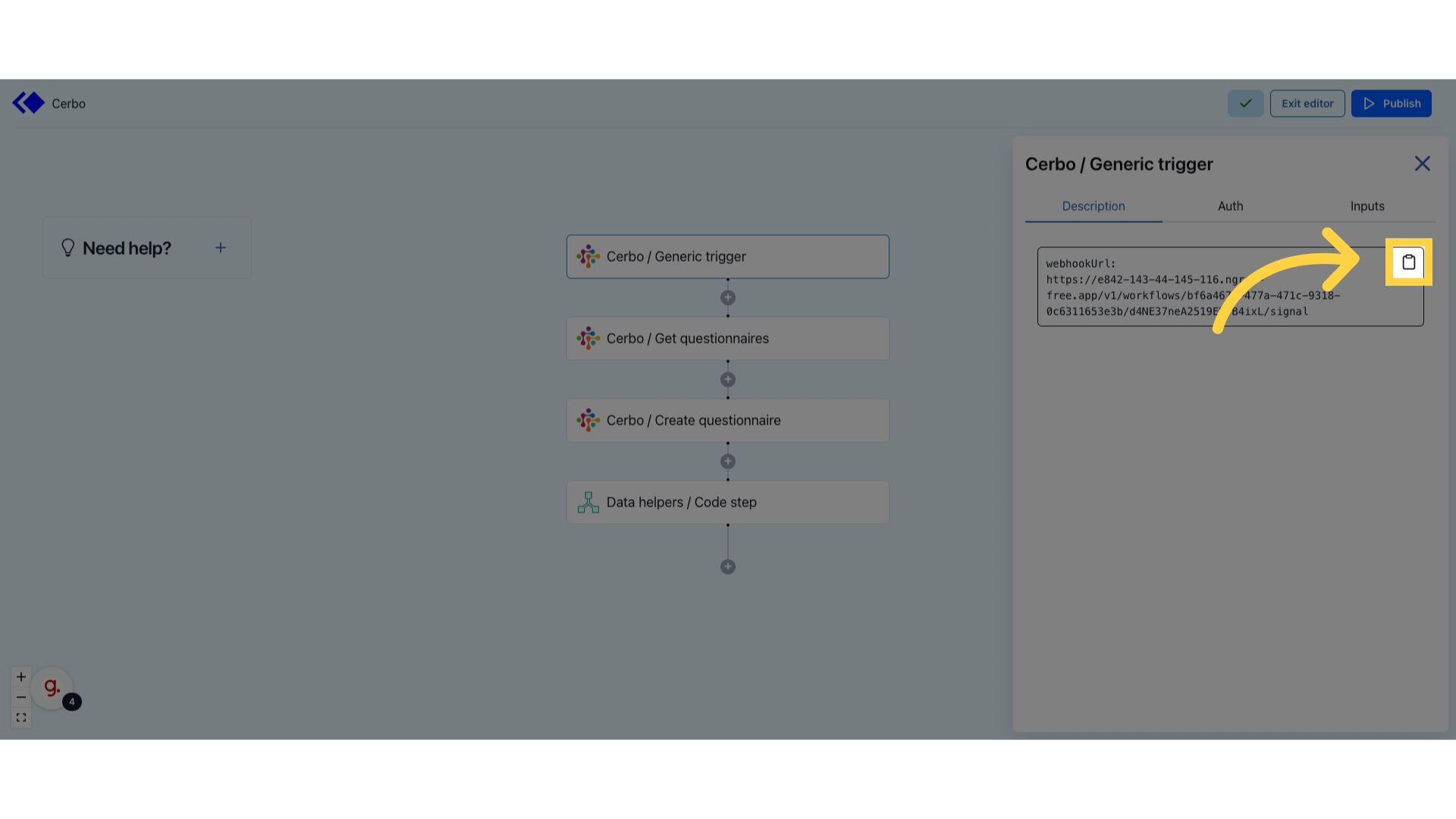 Copy the webhook URL from the Generic trigger step