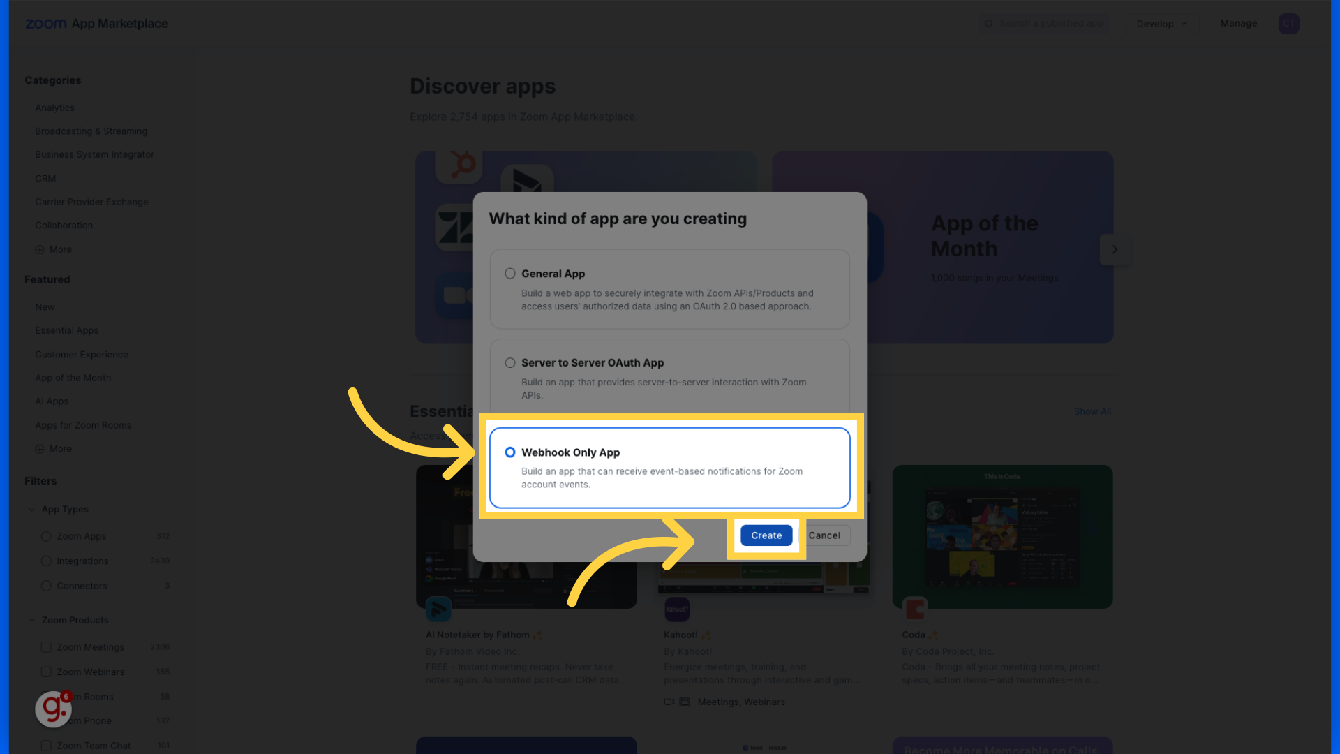 Select 'Webhook Only App' and  'Create'