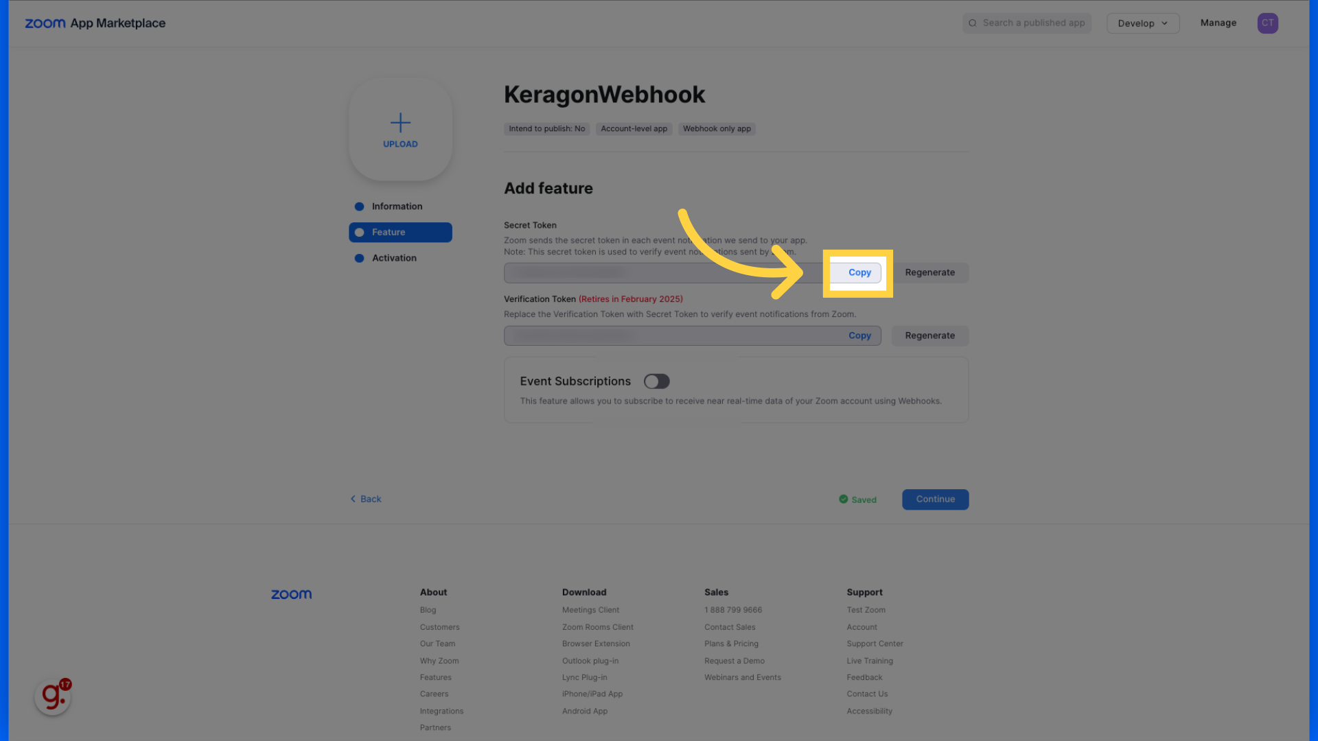 Copy your 'Secret Token'