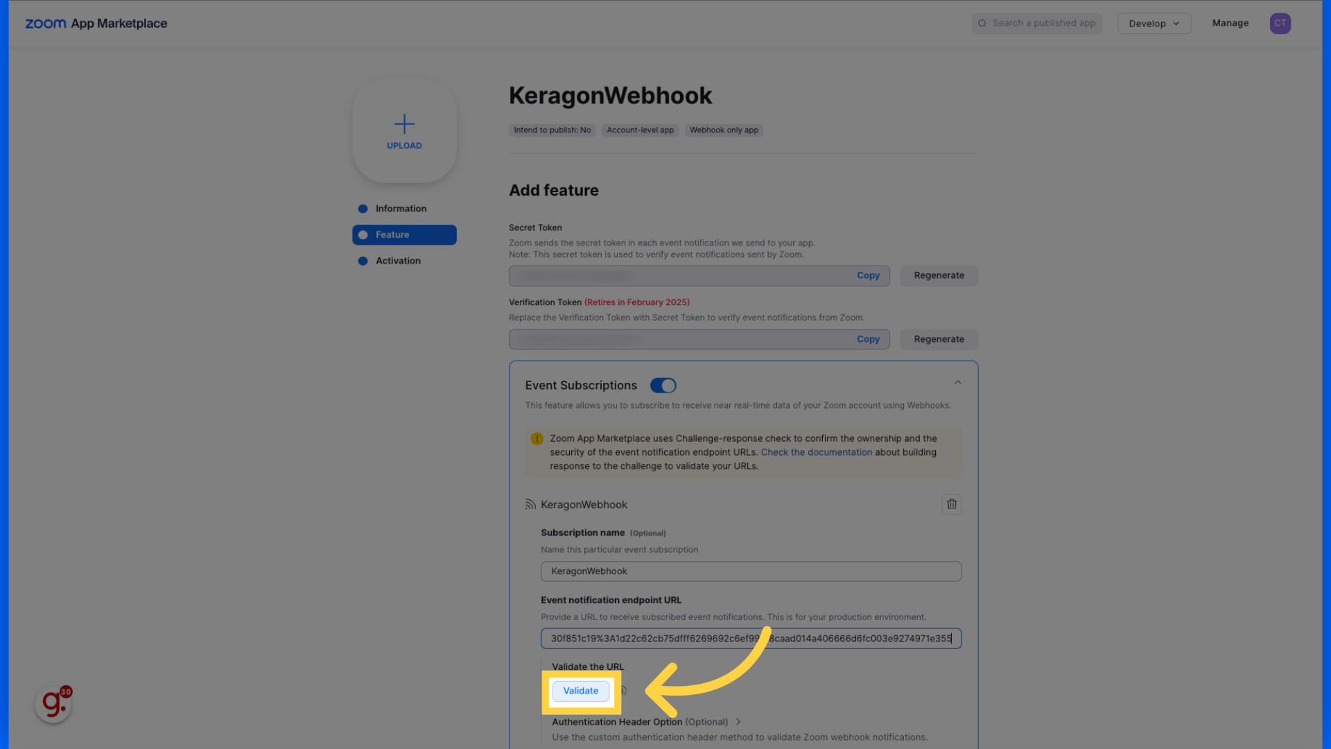 Click to 'Validate' the wehbookURL