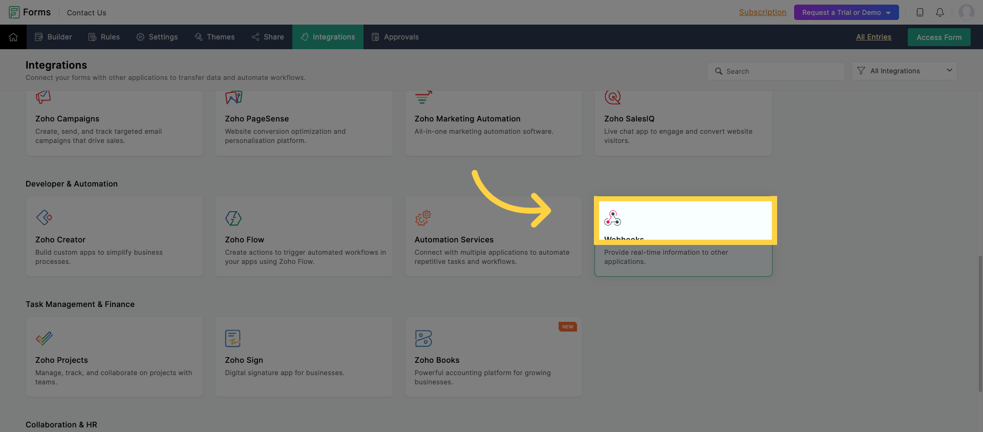 Access Webhook Settings