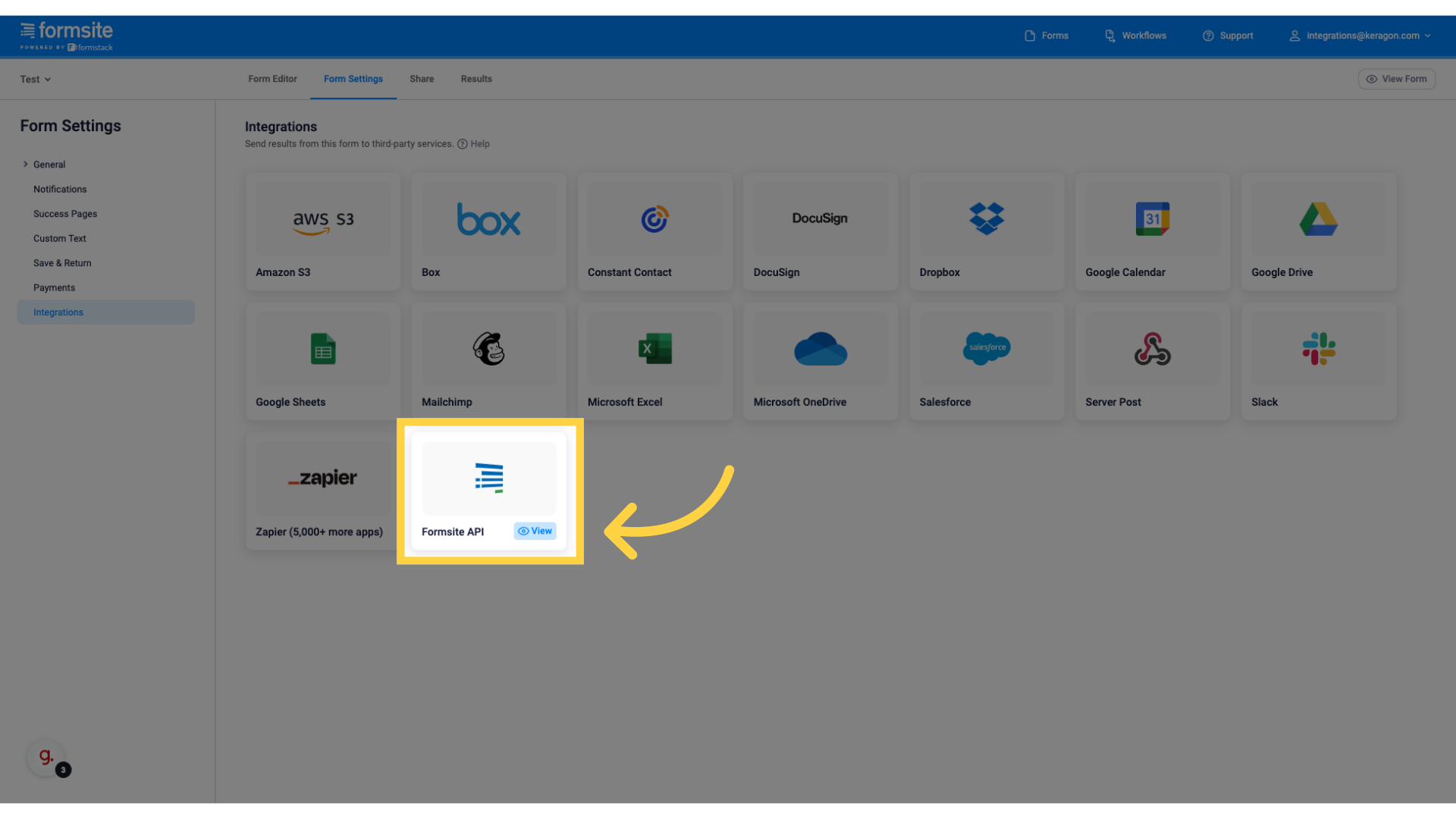 Click 'View' of Formsite API