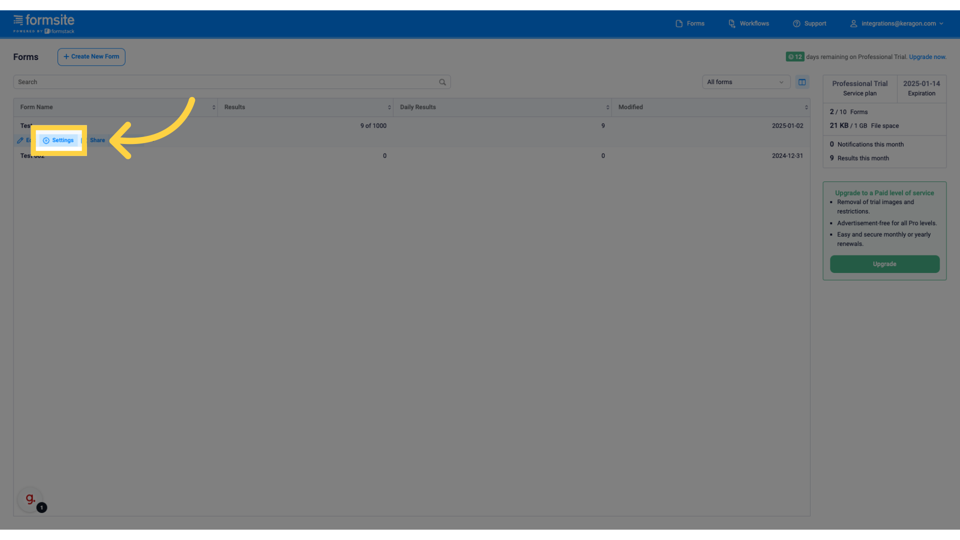 Select 'Settings' of a form