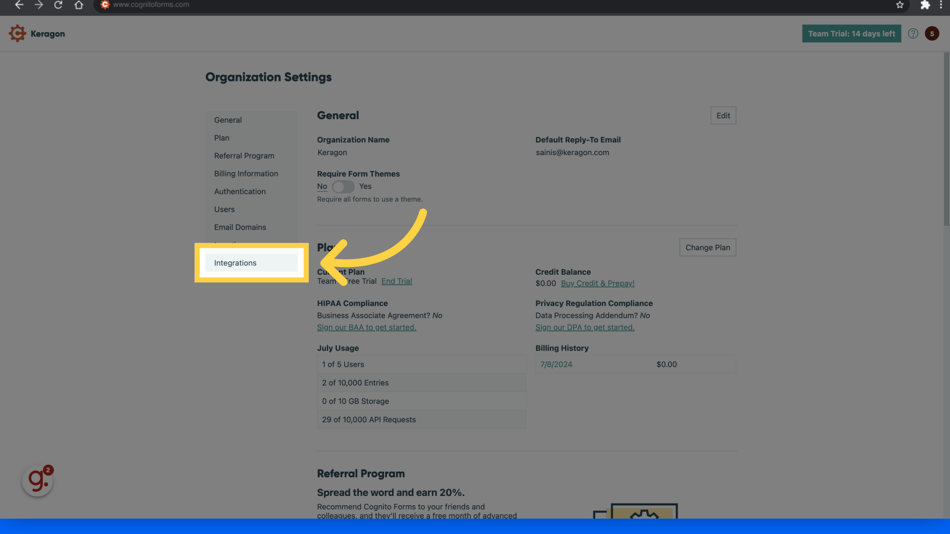 Click 'Integrations'