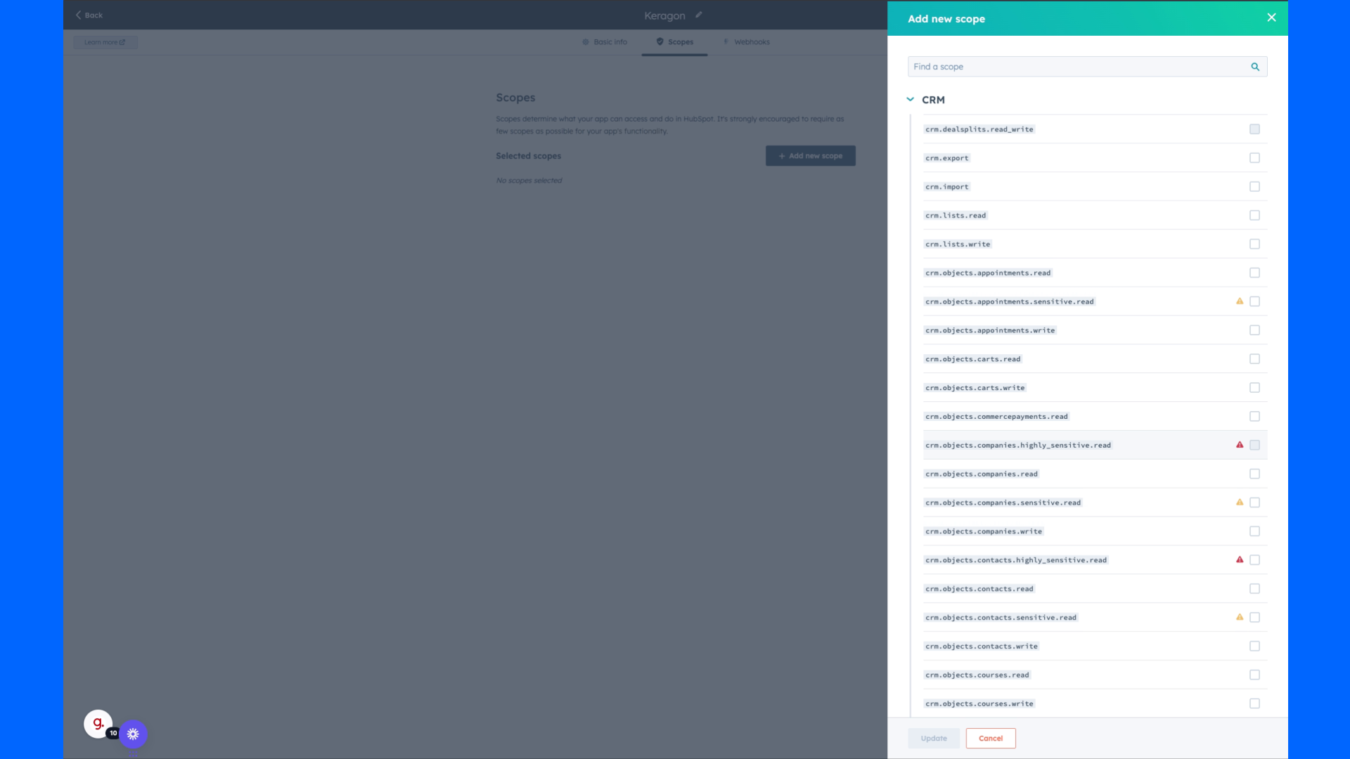 Check all the scopes you would like Keragon to access